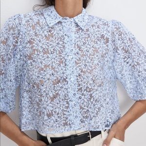 NWT Zara Sheer, Cropped Floral Button-Up Shirt